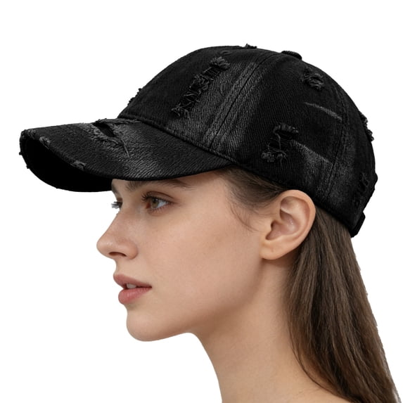 Washed Distressed Denim Baseball Cap, Gradient Hole Cowboy Hat for Men and Women, Vintage Soft Top Cap for Casual Wear, American Style Trendy Visor Hat Black