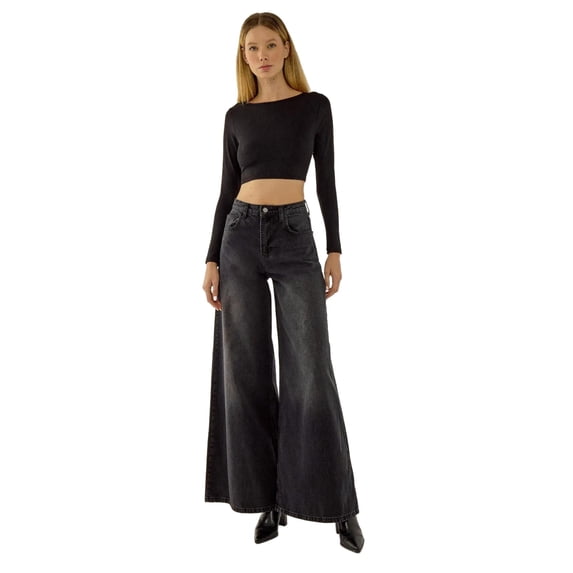Washed Effect Wide Leg Denim Jeans