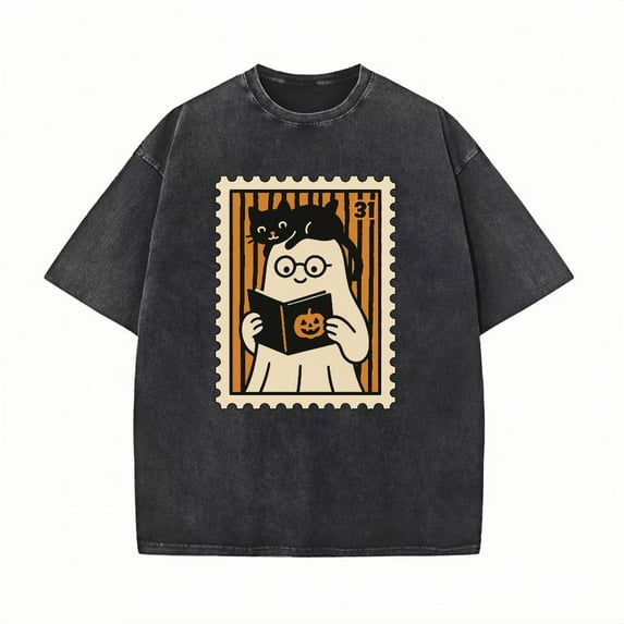 Washed Effect Womens Ghost Cat Graphic Tee Shirt Stamp Halloween Tops Round Neck Short Sleeve Black S-2XL Plus Size