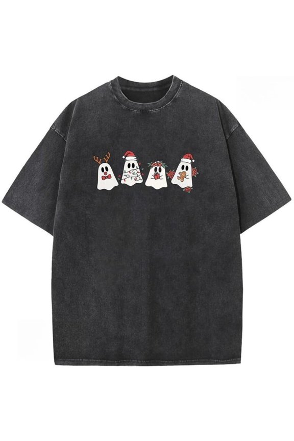 Washed Elf Snowflake Graphic Breathable Tee T Shirt Top Short Sleeve Round Neck Black S-2XL Plus Size