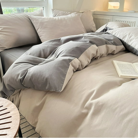 Washed Fabric Bedding Set, 4-Piece Soft and Comfortable Bed Sheet Set with Quilt Cover and Pillowcases, Double-Sided Washable Bedding for Dormitory and Home Bedroom