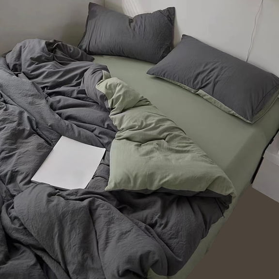 Washed Fabric Bedding Set, 4-Piece Soft and Comfortable Bed Sheet Set with Quilt Cover and Pillowcases, Double-Sided Washable Bedding for Dormitory and Home Bedroom