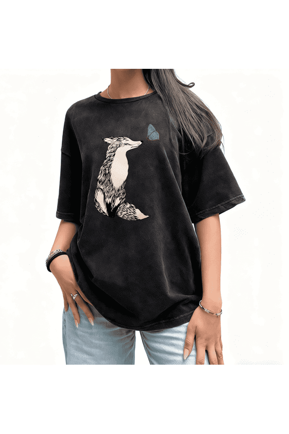 Washed Fox Butterfly Art Graphic Suitable Cotton Tee T-Shirt Top Print Short Sleeve Round Neck Black S-2XL Plus Size