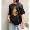 thumbnail image 1 of Washed Graphic Tee T Shirt Top with Patchwork Ghost Holding Pumpkin and Bow Detail in Black S-2XL Plus Size, 1 of 5