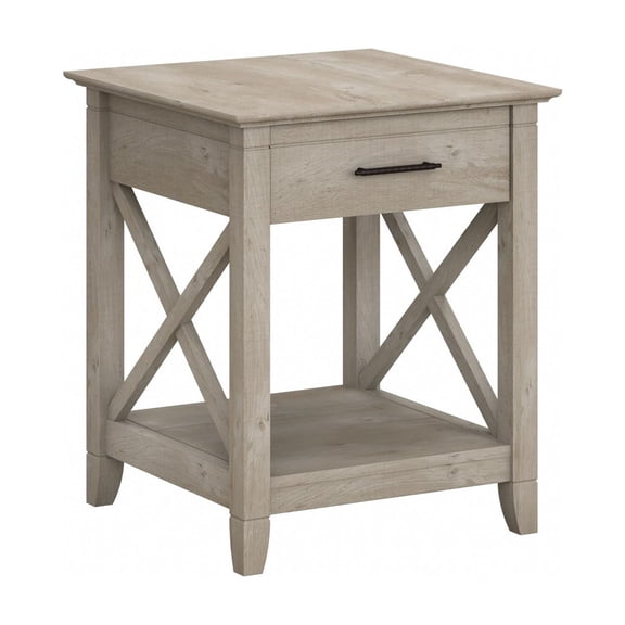 Washed Gray X-Base End Table with Drawer and Open Shelf