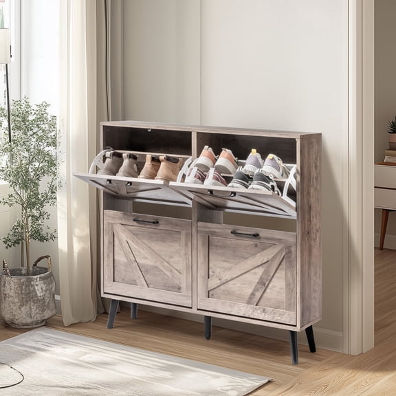 Washed Grey Shoe Cabinet with Barn Door Design, 4 Flip-Down Compartments & Solid Wood Legs, Space-Saving Storage Organizer for Entryway, Hallway