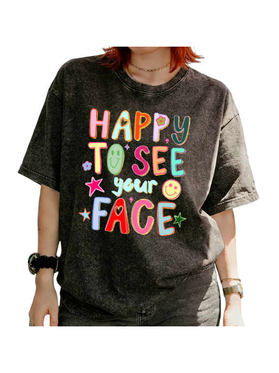 Washed Happy To See Your Face Graphic Tees T-shirt Colorful Smiley Face Star Tops Round Neck Black S-2XL Plus Size