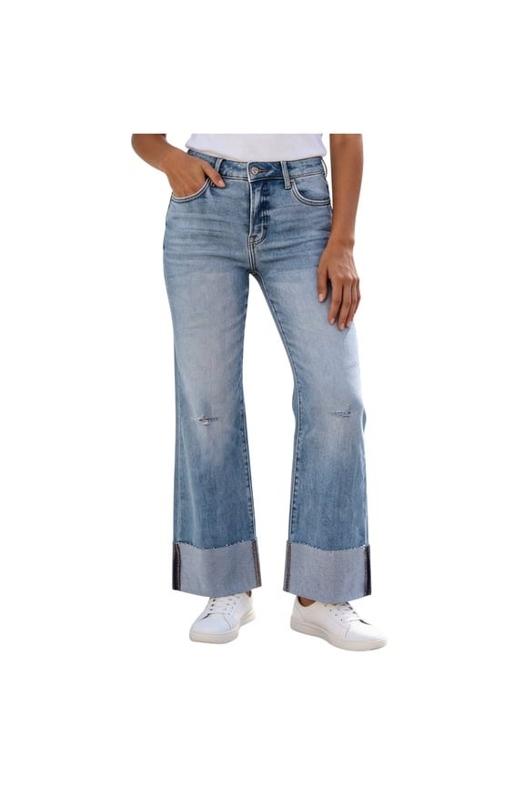 Washed High Waisted Rolled Fringe Wide Jeans For Women Casual Straight Denim