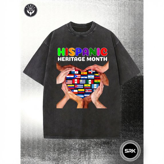 Washed Hispanic Heritage Month Flags Heart Graphic Vintage Oversized Grunge Y2K Short Sleeve Crewneck Cotton Unisex Men's Women's Tee Shirt
