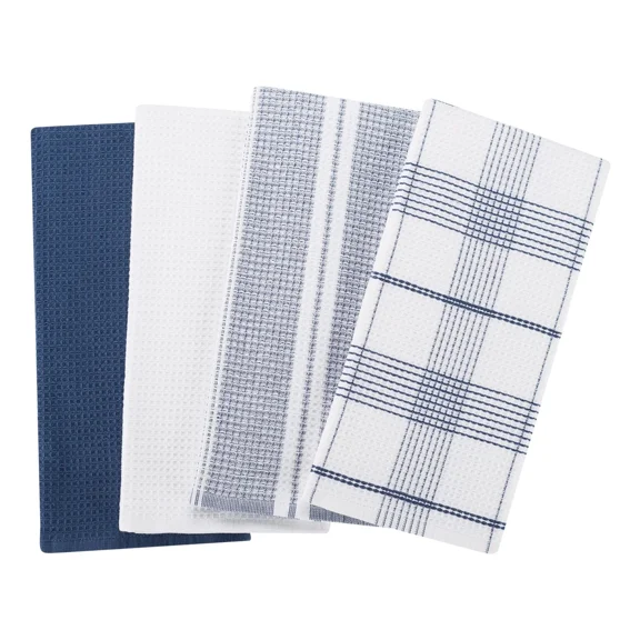 Washed Indigo Cotton Waffle-Weave Dual-Purpose Oversized Kitchen Towels 4 Pack