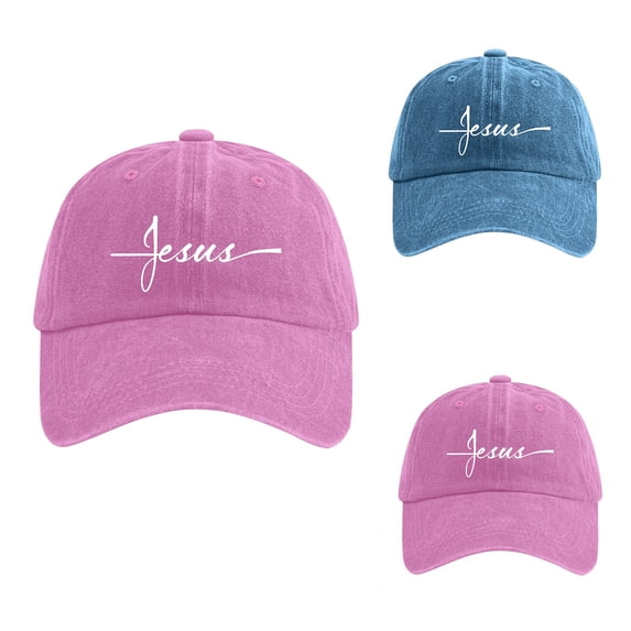 Washed Jesus Cross Print Baseball Cap Womens Vintage Religious Dad Hat Adjustable Curved Brim Sun Hat Pink