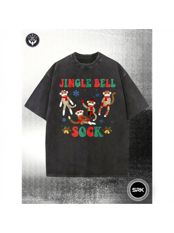 Washed Jingle Bell Sock Monkey Graphic Vintage Oversized Grunge Y2K Short Sleeve Crewneck Cotton Unisex Men's Women's Tee Shirt