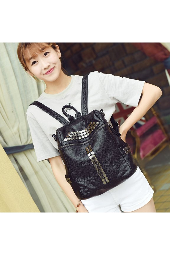 Washed Leather Portable Shoulder Bag College Style Schoolbag Travel Backpack,Black