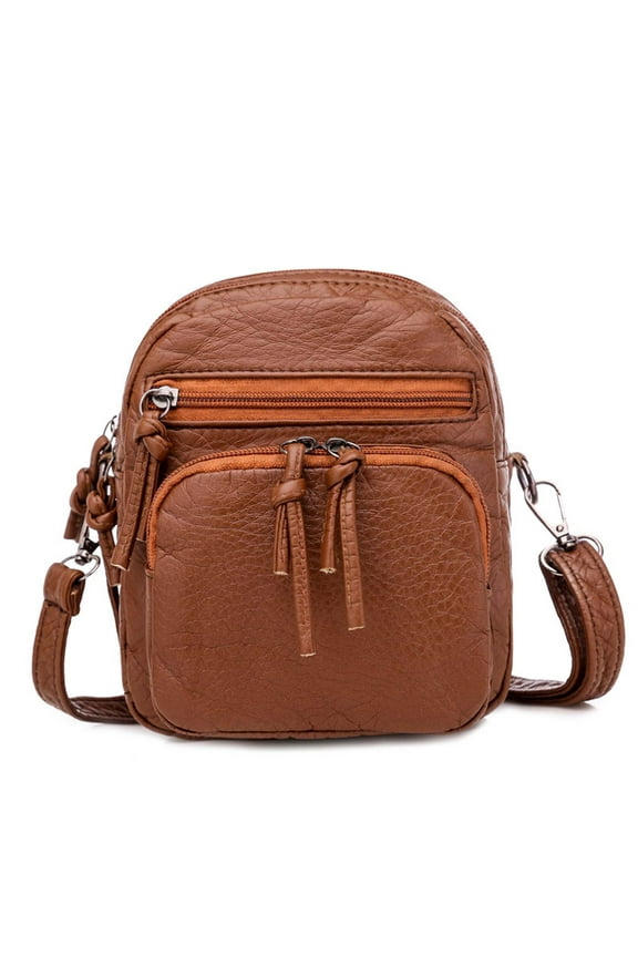 Washed Leather Shoulder Bag | Mini Fringed Crossbody Satchel | Multi-Compartment Purse | Large Capacity Main Pocket | USB Hole | Removable Strap | 23x19x11cm