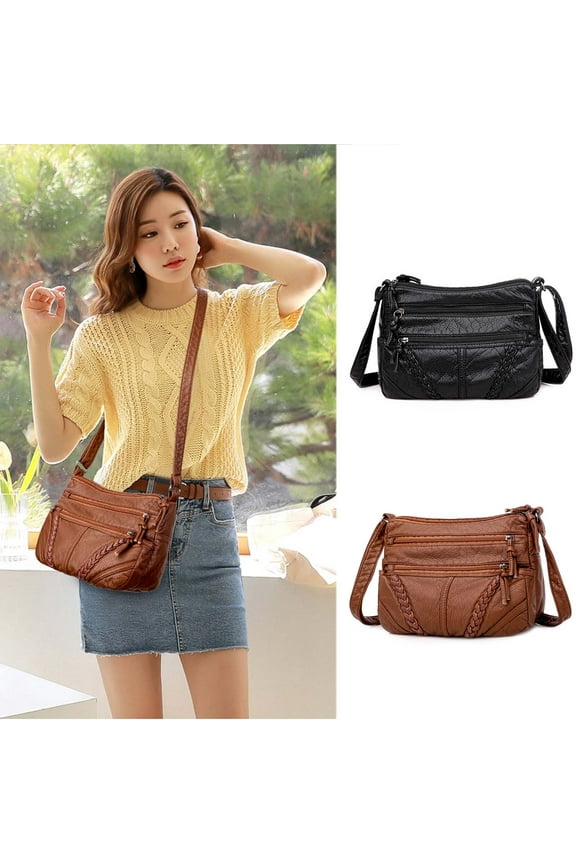 Washed Leather Shoulder Bag | Mini Multi-Compartment Crossbody Purse with USB Hole | Large Capacity Organizer Satchel | Adjustable Strap | 23x12x17cm | Phone Wallet Coin Holder