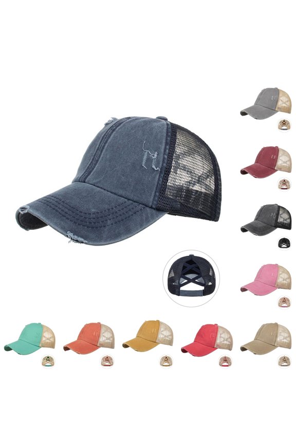 Washed Light Version Elastic Band Ponytail Baseball Mesh Cap Tongue Sun Hat Adjustable Breathable Distressed Denim Unstructured Fit Snapback