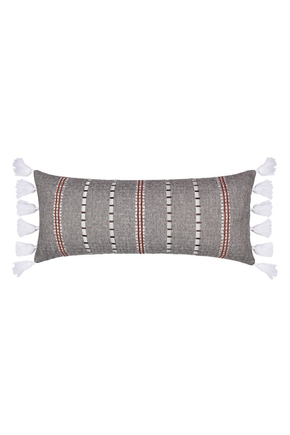 Washed Linen by Levtex Home - Decorative Pillow (12x24in.) - Striped Applique Tassel - Grey, Crimson, White, Brown