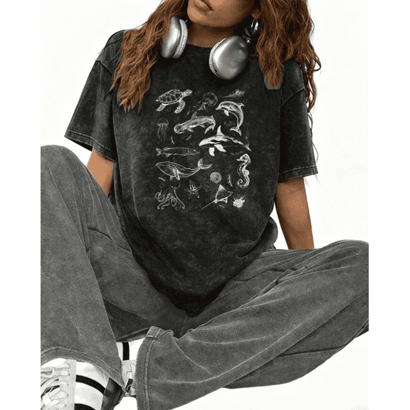 Washed Marine Animals Graphic Soft Tee T-Shirt Print Top Short Sleeve Round Neck Black S-2XL Plus Size