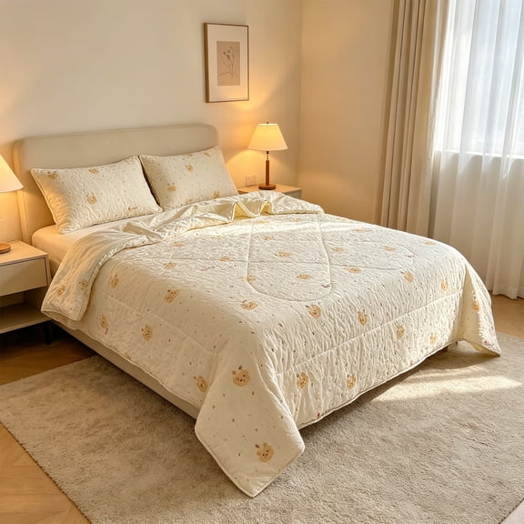 Washed Microfiber Lightweight Summer Quilt, Cartoon Bear Print Feather Cotton Cooling Bed Blanket for All Season