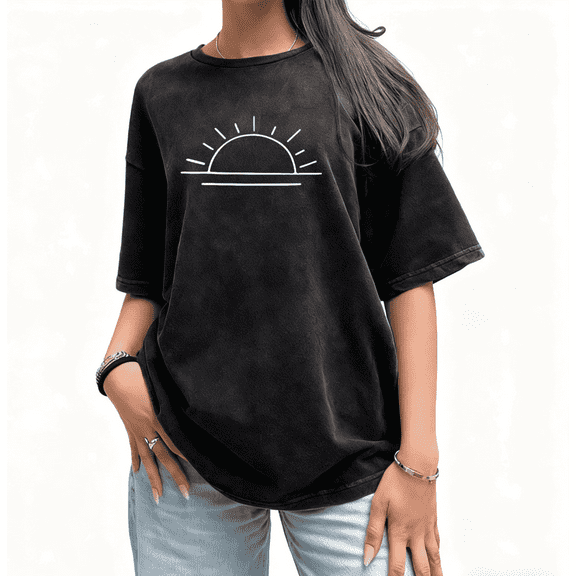 Washed Minimalist Sunset Graphic Suitable Tee T-Shirt Print Top Short Sleeve Round Neck Black S-2XL Plus Size