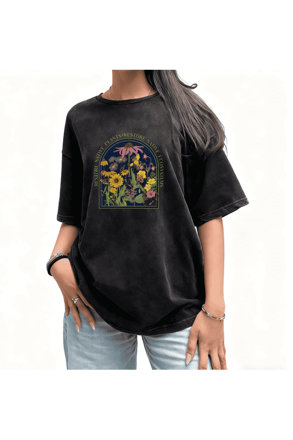 Washed Native Plants Floral Graphic Tee T-Shirt Print Top Cotton Short Sleeve Round Neck Black S-2XL Plus Size