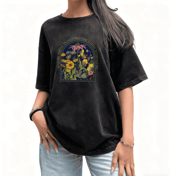 Washed Native Plants Floral Graphic Tee T-Shirt Print Top Cotton Short Sleeve Round Neck Black S-2XL Plus Size