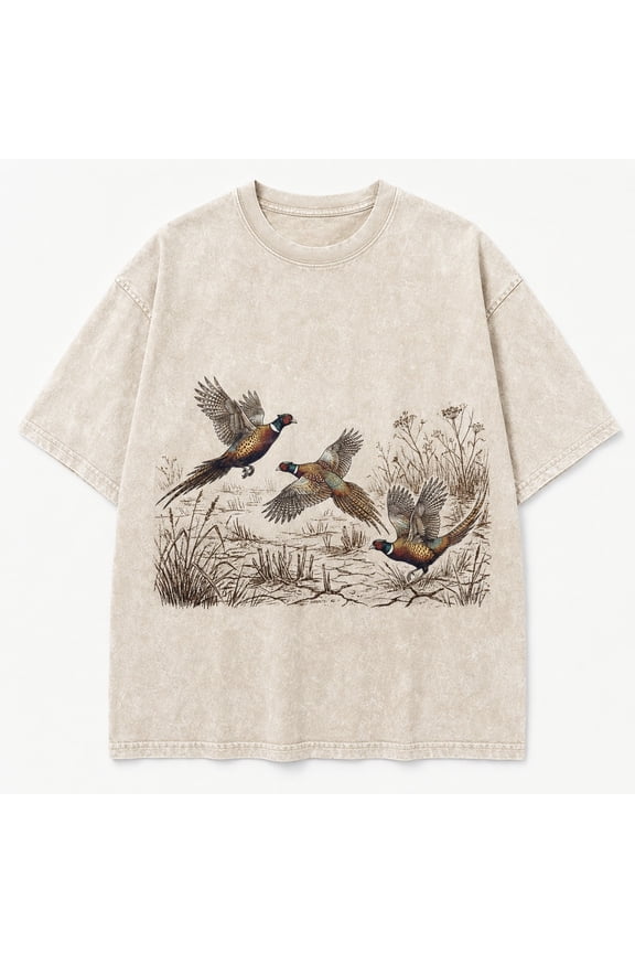 Washed Pheasant Hunting T-Shirt Vintage Upland Bird Nature Graphic Tee Unisex Soft Cotton Mineral Wash S-5XL