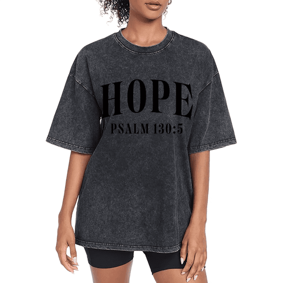 Washed Print Tshirt Christian Graphic Tees Faith Shirts for Encouragement Church Gatherings Hope Psalm 130:5 Tops S-2XL