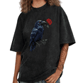 thumbnail image 1 of Washed Raven Holding Red Rose Graphic Tees T-shirt Gothic Dark Romance Tops Short Sleeve Black S-2XL Plus Size, 1 of 5