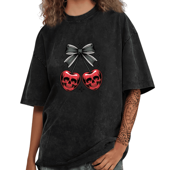 Washed Skull Cherry Bow Graphic Beautiful Tees T-shirt Gothic Spooky Cute Tops Short Sleeve Black S-2XL Plus Size