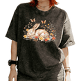 thumbnail image 1 of Washed Sleeping Bunny Graphic Cotton Tee T-shirt Cute Wildflower Butterfly Rabbit Tops Round Neck Black S-2XL Plus Size, 1 of 5