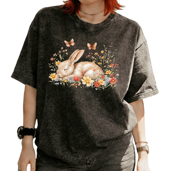 Washed Sleeping Bunny Graphic Cotton Tee T-shirt Cute Wildflower Butterfly Rabbit Tops Round Neck Black S-2XL Plus Size