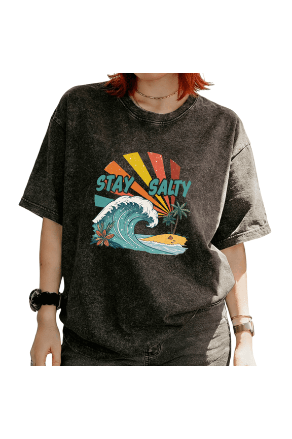 Washed Stay Salty Retro Wave Palm Tree Island Graphic Tees T-shirt Christian Tops softness Short Sleeve Black S-2XL Plus Size