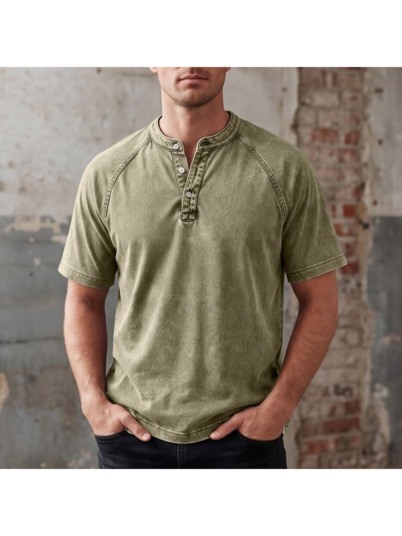 Washed T Shirt for Men Casual Short Sleeve Henley Shirt Distressed Vintage Button Pullover Relaxed Fit Retro Textured Tee