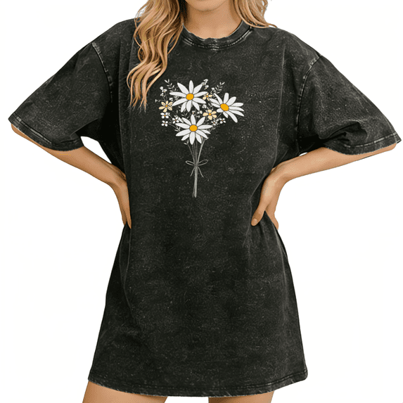 Vintage Washed Black Boho Daisy Wildflower Bouquet Graphic Womens T-Shirt S-2XL Tops