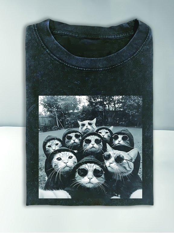 Washed T-shirt - Red Sunglasses Cool Cat, Praites to Devill Design 01, fashionable street style, outdoor casual summer daily shirt, available in multiple colors