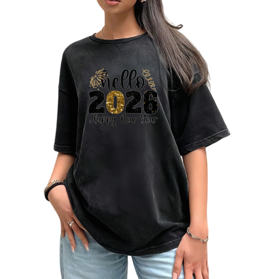 Washed Trendy Gold Pattern Hello 2026 Theme Graphic Tee T Shirt Tops Suitable Short Sleeve Round Neck Black S-2XL Plus Size