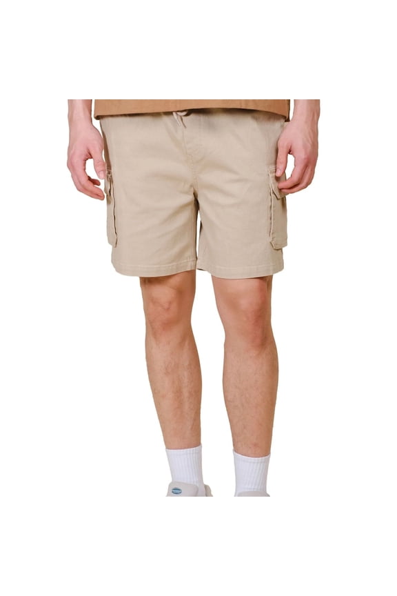 Men's Washed Twill Cargo Shorts, Elastic Waist, Deep Pockets, Durable, Deep Pockets, Khaki, Large
