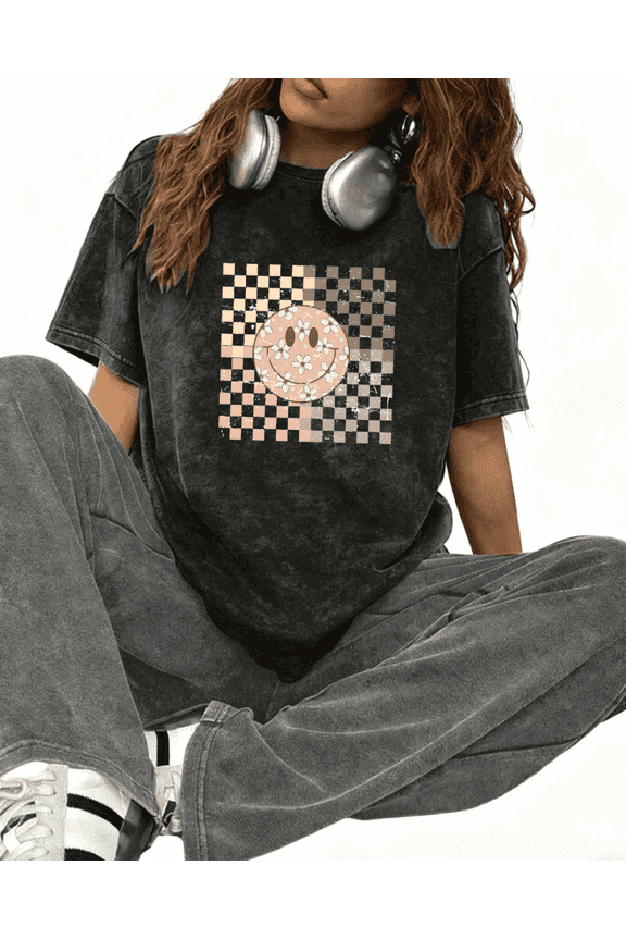 Washed Vintage Checker Smiley Graphic Trendy Tee T-Shirt Top Print Short Sleeve Round Neck Black S-2XL Plus Size