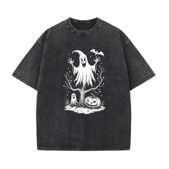 Washed Vintage Halloween T-Shirt, Ghost Pumpkin Graphic Tee, Men's Tops，Round neck，Funny，cotton，black，S-2XL，Plus size