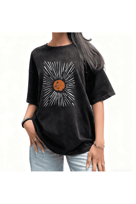 Washed Vintage Sun Line Graphic Tee T-Shirt Top Print Soft Breathable Short Sleeve Round Neck Black S-2XL Plus Size