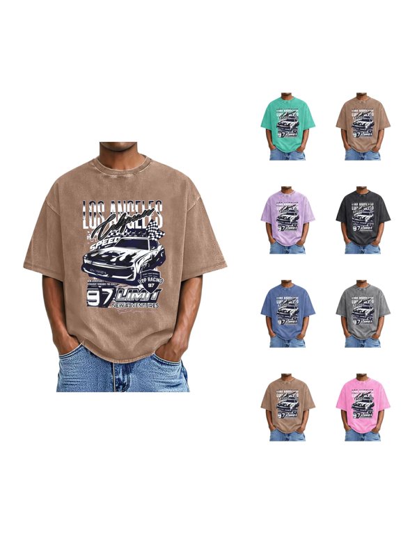 Washed Vintage T Shirts for Men 2026 Summer Casual Short Sleeve Crewneck Los Angeles Car Racing Graphic Tees