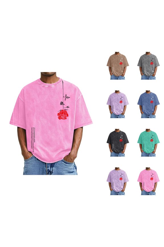 Washed Vintage T Shirts for Men 2026 Summer Casual Short Sleeve Crewneck Rose Flower Graphic Tees