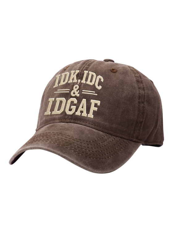 Washed Washed Cotton Baseball Cap with IDK IDC & IDGAF print,Adjustable Vintage Distressed Dad Hat,Curved Brim Casual Trucker Cap for Daily Wear Outdoor Weekend Street Outfit for Men Women Coffee