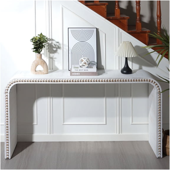 Washed White Console Table with Wood Bead Accents, Curved Waterfall Design Sofa Table for Entryway, Hallway, Living Room