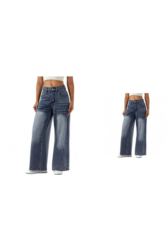 Washed Wide Leg Jeans with Heart-Shaped Back Pockets High-Waisted Loose Fit Stretchy Denim Pants for Women, Boyfriend Style Casual Trousers