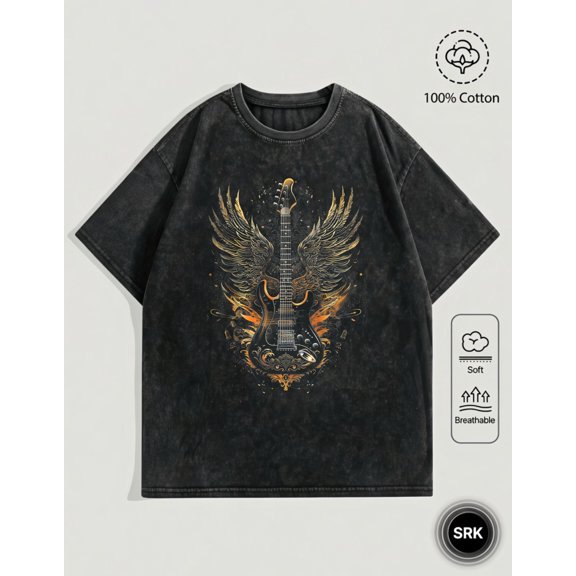 Washed Winged Electric Guitar Rock Aesthetic Vintage Oversized Grunge Y2K Short Sleeve Crewneck Cotton Unisex Men's Women's Tee Shirt