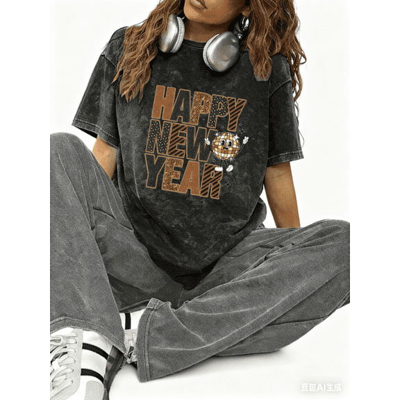 Washed Women's Happy New Year Disco Ball Theme Graphic Tee T Shirt Festive Glitter Pattern Top Short Sleeve Black S-2XL Plus Size
