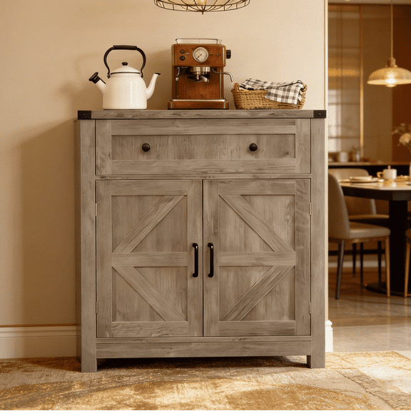 Washed Wood Farmhouse Barn-Door Storage Cabinet - Coffee Bar Buffet Sideboard with Drawer for Kitchen, Dining Room, Living Room, Entryway