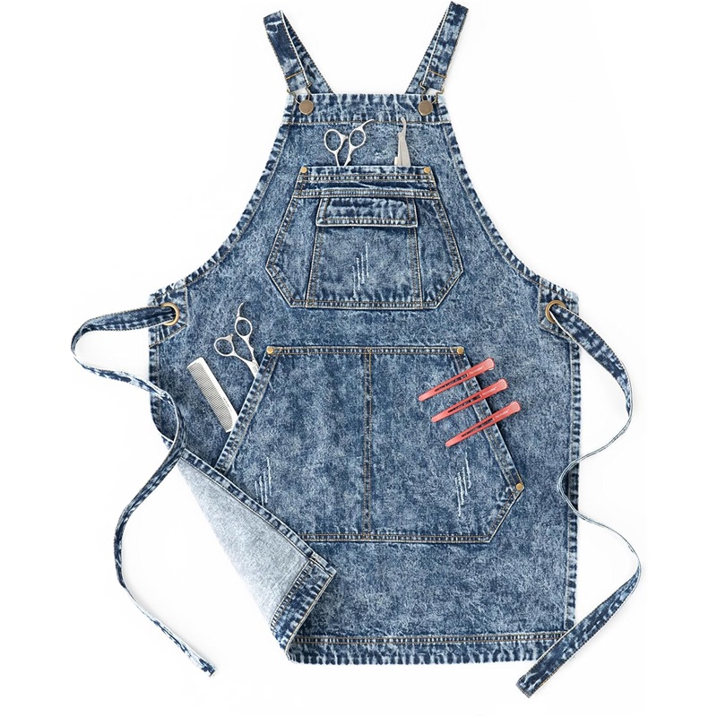 Washed denim canvas apron, shoulder strap skirt, work clothes, workwear, waist circumference, milk tea shop-Denim Blue